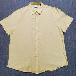 Perry Ellis Linen Blend Button Up Shirt Mens 2XL Yellow Short Sleeve 40% Cotton